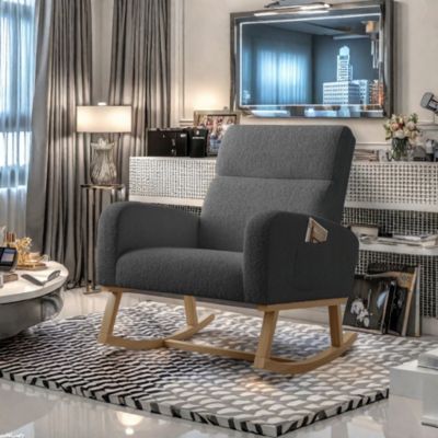 Fauteuil à bascule en tissu teddy noir avec poches latérales, assise large et patins antidérapants silencieux