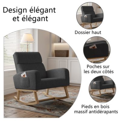 Fauteuil à bascule en tissu teddy noir avec poches latérales, assise large et patins antidérapants silencieux