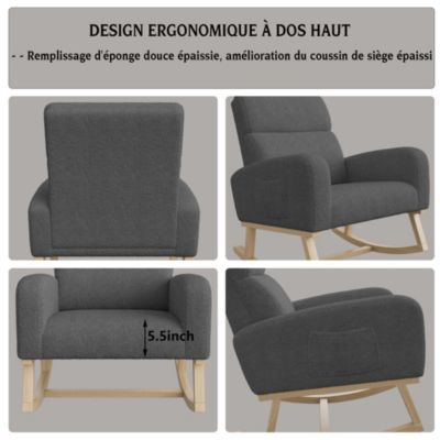 Fauteuil à bascule en tissu teddy noir avec poches latérales, assise large et patins antidérapants silencieux
