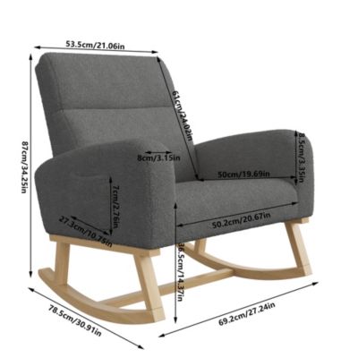 Fauteuil à bascule en tissu teddy noir avec poches latérales, assise large et patins antidérapants silencieux