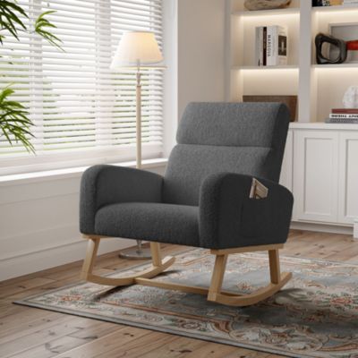 Fauteuil à bascule en tissu teddy noir avec poches latérales, assise large et patins antidérapants silencieux