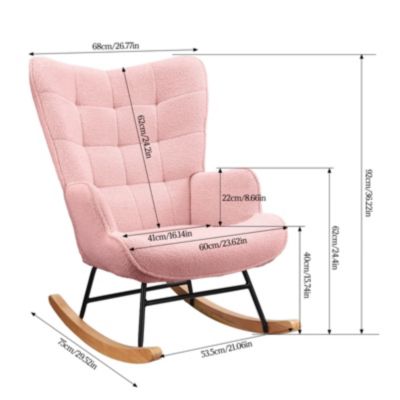 Fauteuil à bascule en tissu teddy rose avec dossier capitonné, design cosy et moderne pour salon ou chambre