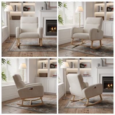 Fauteuil à Bascule, Fauteuil D'allaitement Avec Pieds En Bois Massif, Adapté Au Salon Chambre, Beige