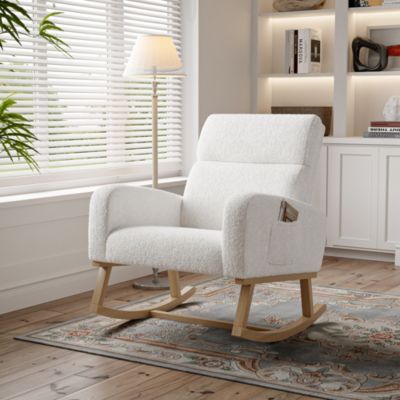 Fauteuil à bascule, fauteuil de relaxation, avec poches et pieds en bois,velours Teddy blanc