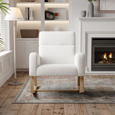 Fauteuil à bascule, fauteuil de relaxation, avec poches et pieds en bois,velours Teddy blanc