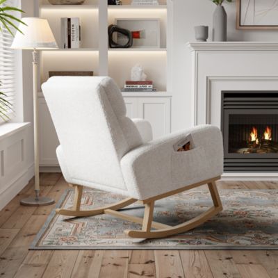 Fauteuil à bascule, fauteuil de relaxation, avec poches et pieds en bois,velours Teddy blanc