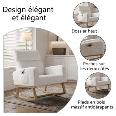 Fauteuil à bascule, fauteuil de relaxation, avec poches et pieds en bois,velours Teddy blanc