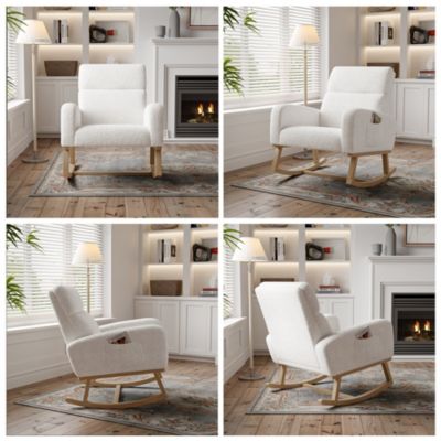 Fauteuil à bascule, fauteuil de relaxation, avec poches et pieds en bois,velours Teddy blanc
