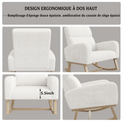 Fauteuil à bascule, fauteuil de relaxation, avec poches et pieds en bois,velours Teddy blanc