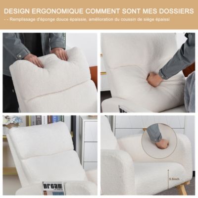 Fauteuil à bascule, fauteuil de relaxation, avec poches et pieds en bois,velours Teddy blanc