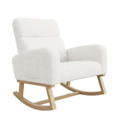 Fauteuil à bascule, fauteuil de relaxation, avec poches et pieds en bois,velours Teddy blanc
