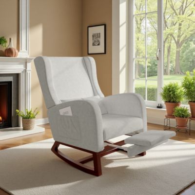 Fauteuil à bascule gris en lin avec repose-jambes extensible, poches latérales et coussin inclus