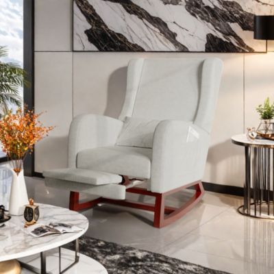 Fauteuil à bascule gris en lin avec repose-jambes extensible, poches latérales et coussin inclus