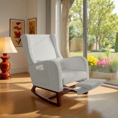 Fauteuil à bascule gris en lin avec repose-jambes extensible, poches latérales et coussin inclus