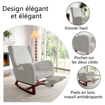 Fauteuil à bascule gris en lin avec repose-jambes extensible, poches latérales et coussin inclus