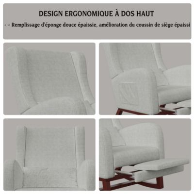 Fauteuil à bascule gris en lin avec repose-jambes extensible, poches latérales et coussin inclus