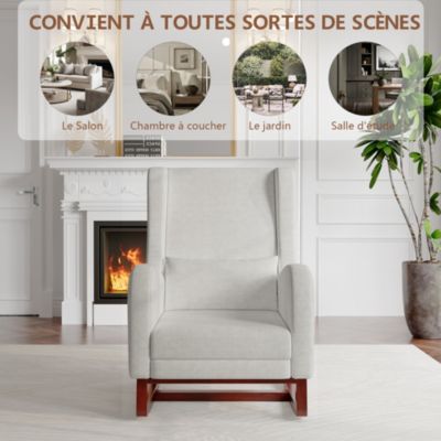 Fauteuil à bascule gris en lin avec repose-jambes extensible, poches latérales et coussin inclus