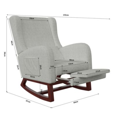 Fauteuil à bascule gris en lin avec repose-jambes extensible, poches latérales et coussin inclus