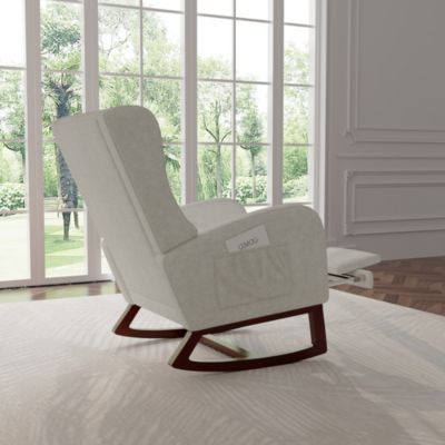 Fauteuil à bascule gris en lin avec repose-jambes extensible, poches latérales et coussin inclus