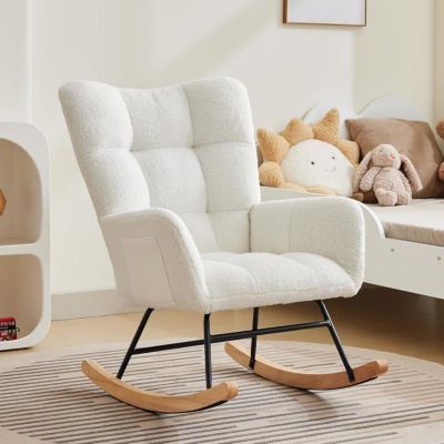 Fauteuil à bascule - HOERFURIY - Moelleux beige - Tissu peluche - 1 place - Design scandinave