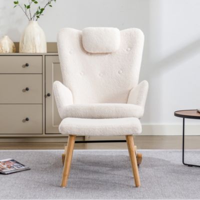 Fauteuil à Bascule Moderne avec Appui-Tête et Repose-Pieds - Rocking Chair en Tissu Bouclette et Bois Massif - 65x82x94 cm - Blanc