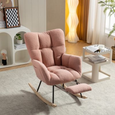 Fauteuil à bascule moderne en tissu peluche rose, assise rembourrée, repose-pieds extensible