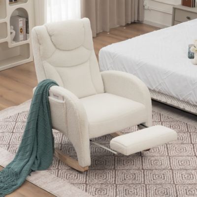 Fauteuil à Bascule Relax en Tissu Polaire Teddy Blanc avec Accoudoirs et Repose-Pieds