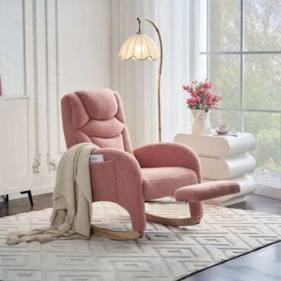 Fauteuil à Bascule Rembourré en Tissu Polaire Teddy Rose avec Accoudoirs et Repose-Pieds