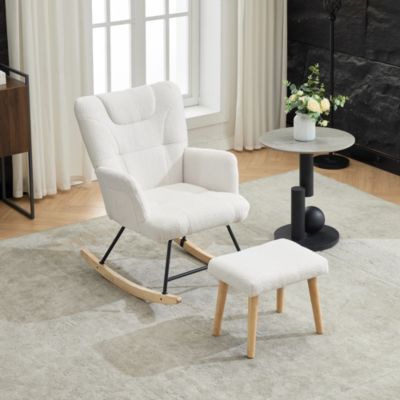 Chaise à Bascule Relax TDRTRD Avec Poche Latérale Et Repose-pieds Rétractable – Fauteuil En Tissu Lin, Dossier Haut, Beige – Pour Salon, Balcon Ou Chambre