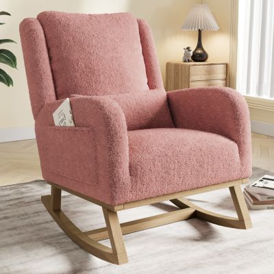 Fauteuil à bascule Teddy rose avec coussin, poches latérales, pieds renforcés et barres de stabilité, confort optimal