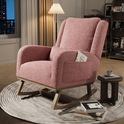 Fauteuil à bascule Teddy rose avec coussin, poches latérales, pieds renforcés et barres de stabilité, confort optimal