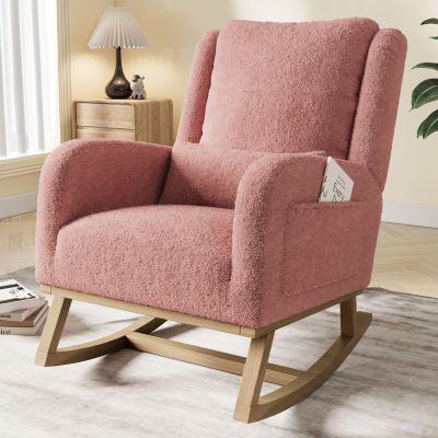 Fauteuil à bascule Teddy rose avec coussin, poches latérales, pieds renforcés et barres de stabilité, confort optimal