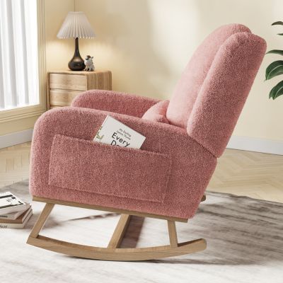 Fauteuil à bascule Teddy rose avec coussin, poches latérales, pieds renforcés et barres de stabilité, confort optimal