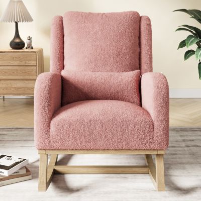 Fauteuil à bascule Teddy rose avec coussin, poches latérales, pieds renforcés et barres de stabilité, confort optimal