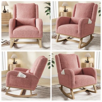 Fauteuil à bascule Teddy rose avec coussin, poches latérales, pieds renforcés et barres de stabilité, confort optimal