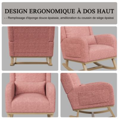 Fauteuil à bascule Teddy rose avec coussin, poches latérales, pieds renforcés et barres de stabilité, confort optimal