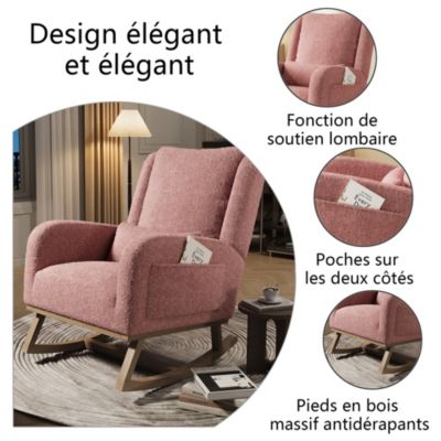 Fauteuil à bascule Teddy rose avec coussin, poches latérales, pieds renforcés et barres de stabilité, confort optimal