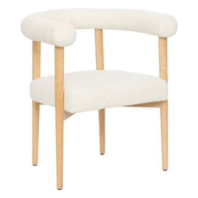 Fauteuil Chaise de table en Bois Naturel et tissu Blanc à bouclettes