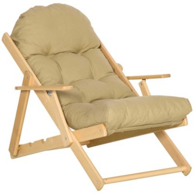 Fauteuil chaise pliable et inclinable en bois grand confort avec coussin capitonné épais - dim. 71I x 89P x 96H cm - beige