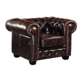 Fauteuil chesterfield BRENTON 100% cuir de buffle - Marron reflets châtains