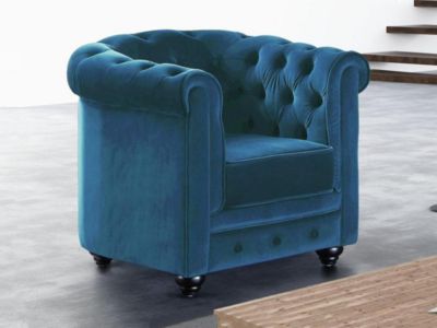 Fauteuil CHESTERFIELD - Velours bleu canard