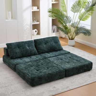 Fauteuil Convertible 1 Place avec Matelas Pliable et Coussin - Structure Métal et MDF - Revêtement Chenille - Vert Émeraude