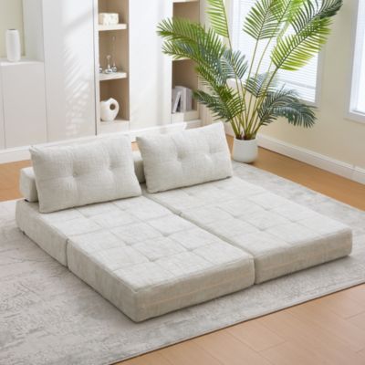 Fauteuil Convertible 1 Place avec Matelas Pliable et Coussin, Structure Métal MDF, Revêtement Chenille - Beige