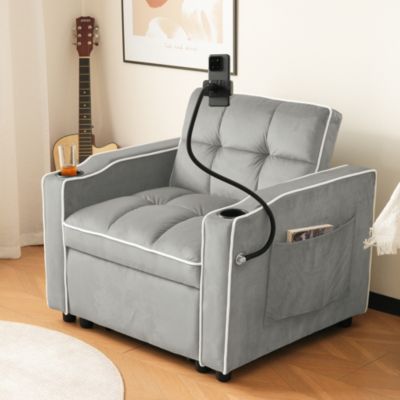 Fauteuil Convertible 1 Place - avec Porte-Gobelets, Support Téléphone et Rangement Latéral - Velours Gris Clair