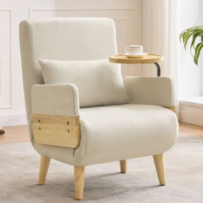 Fauteuil Convertible Fauteuil 3 en 1 avec Couchage Individuel et Chaise Longue, Coussin Inclus et Plateau en Bois - Beige