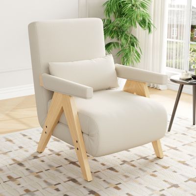Fauteuil Convertible Fauteuil 3 en 1 avec Fonction Couchage Individuel et Chaise Longue, Revêtement en Lin - Beige