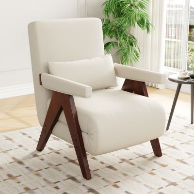 Fauteuil Convertible Fauteuil 3 en 1 avec Fonction Couchage Individuel et Chaise Longue, Structure en Bois Massif - Noyer et Beige