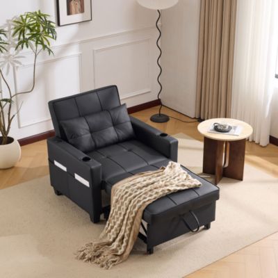 Fauteuil Convertible Relax 1 Place - 3-en-1 avec USB, Porte-Gobelet, Bois et Métal, Noir