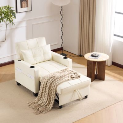 Fauteuil Convertible Relax 1 Place - Multifonction 3-en-1 avec USB, Porte-Gobelet, Bois et Métal, Blanc