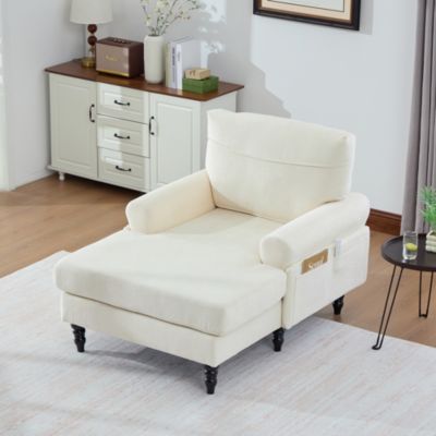 Fauteuil d'Appoint Moderne avec Accoudoirs Rembourrés et Poche Latérale, pour Salon ou Bureau, Pieds Bois Naturel, Beige
